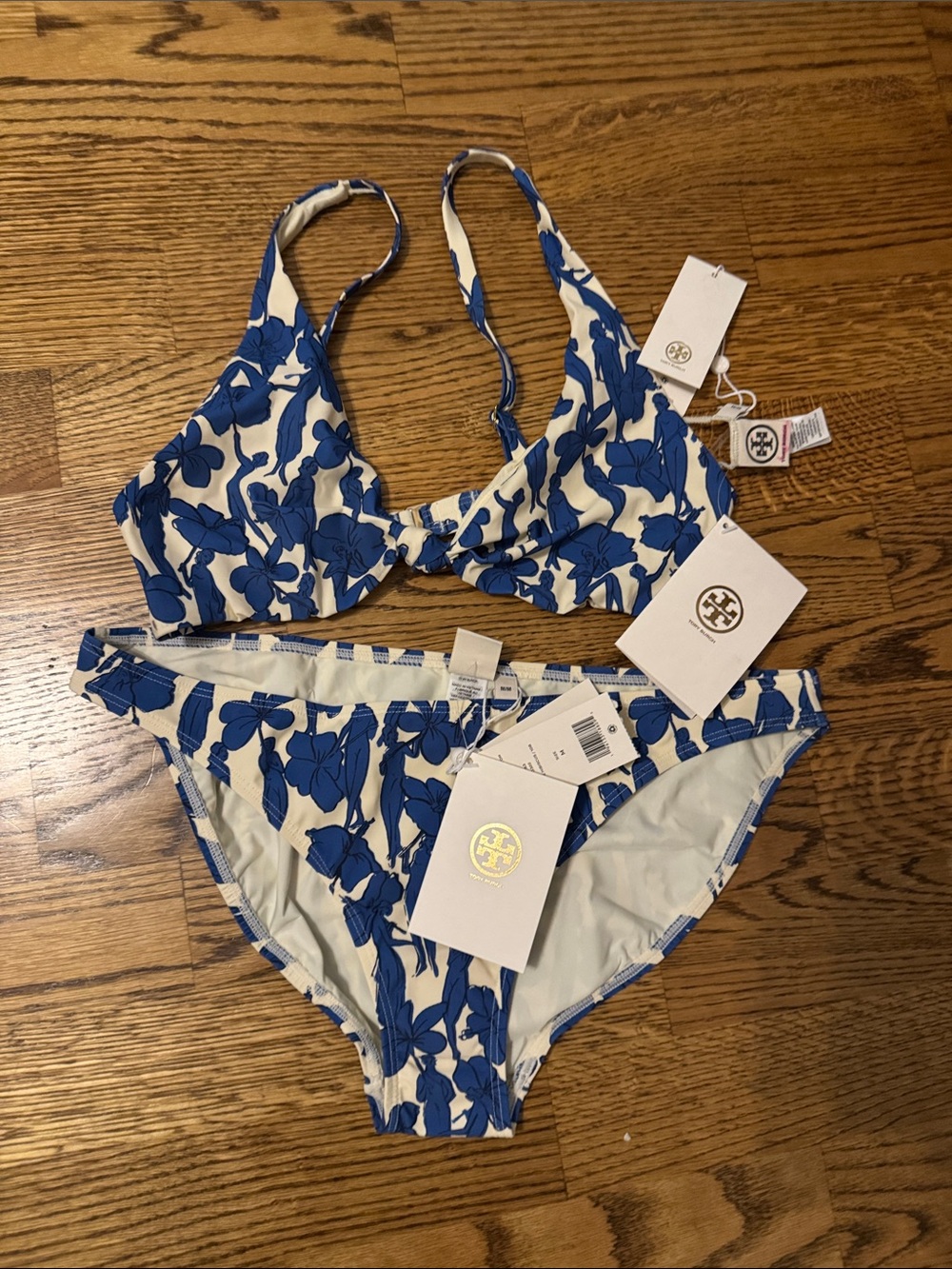 NWT Tory Burch White Bikini with Bold Blue Floral Print set